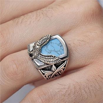 18k Gold Overlay EAGLE Turquoise Unisex Ring  Size 10