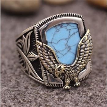 18k Gold Overlay EAGLE Turquoise Unisex Ring  Size 10