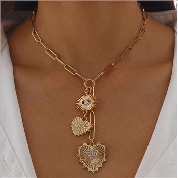 18K Gold Overlay Evil Eye & Heart Design Necklace