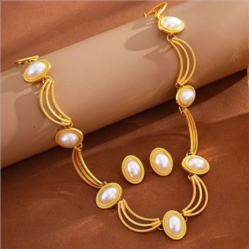 18K Gold Overlay Mother Of Pearl Necklace & Earrings Set