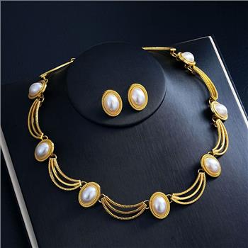18K Gold Overlay Mother Of Pearl Necklace & Earrings Set