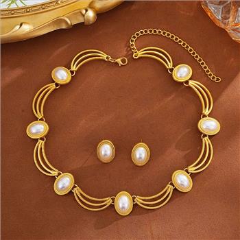 18K Gold Overlay Mother Of Pearl Necklace & Earrings Set
