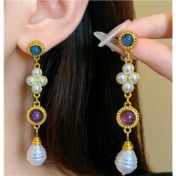 18K Gold Overlay Multicolor Stones Dangle Earrings