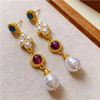 18K Gold Overlay Multicolor Stones Dangle Earrings