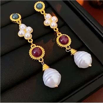18K Gold Overlay Multicolor Stones Dangle Earrings