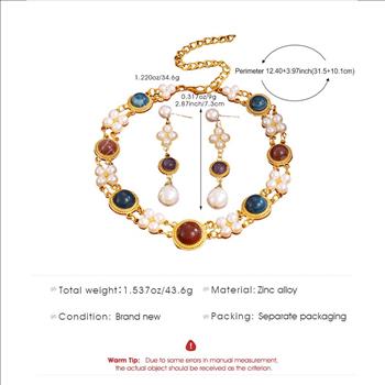 18K Gold Overlay Multicolor Stones & White Pearl Set Necklace & Earrings