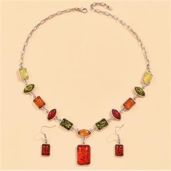 18K Gold Overlay Multicolour Amber Necklace & Earrings
