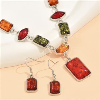 18K Gold Overlay Multicolour Amber Necklace & Earrings
