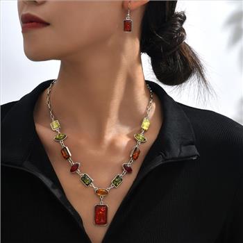18K Gold Overlay Multicolour Amber Necklace & Earrings