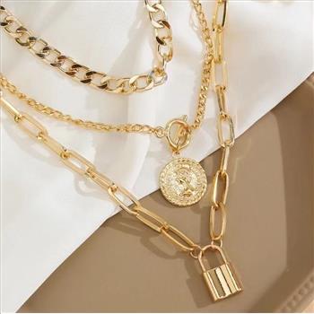 18k Gold Overlay Triple Chain Fancy Charm Necklace