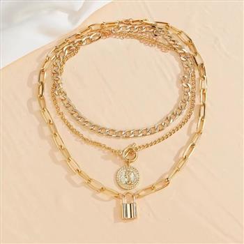 18k Gold Overlay Triple Chain Fancy Charm Necklace