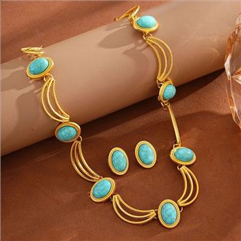 18K Gold Overlay Turquoise Necklace & Earrings Set