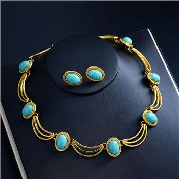 18K Gold Overlay Turquoise Necklace & Earrings Set