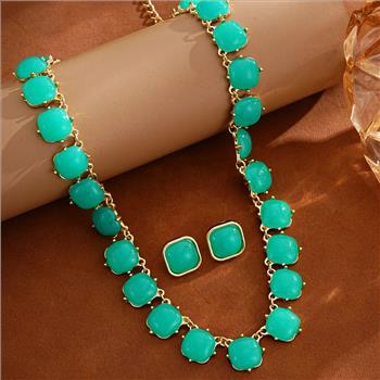 18K Gold Overlay Turquoise Necklace & Earrings Set