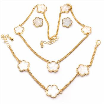 18K Gold Overlay White Enamel Necklace. Bracelet & Earrings Set