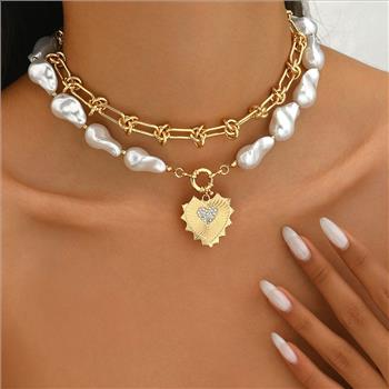 18K Gold Overlay White Pearl & Diamonique Diamond Necklace & Earrings Set