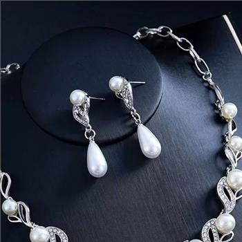 18K Gold Overlay White Pearl & Diamonique Diamond Necklace & Earrings Set