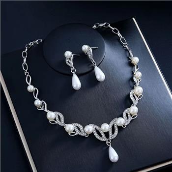 18K Gold Overlay White Pearl & Diamonique Diamond Necklace & Earrings Set