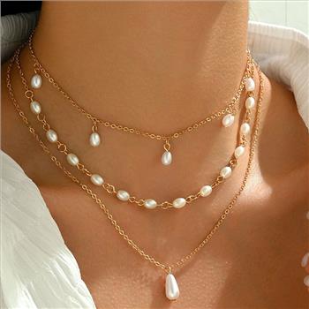 18K Gold Overlay White Pearls 3 Necklaces Stack
