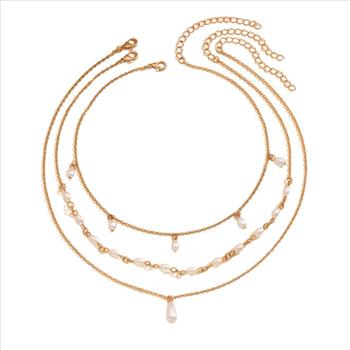 18K Gold Overlay White Pearls 3 Necklaces Stack