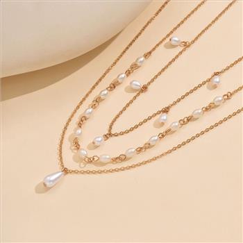 18K Gold Overlay White Pearls 3 Necklaces Stack