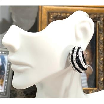 18k White Gold & Fine Jewelry Bronze  3.00ctw  Black & White Natural Crystal   Omega Backs  Earrings