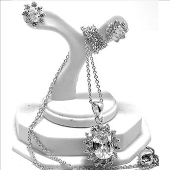18k White Gold & Fine Jewelry Bronze 8.00ctw  White Crystal Necklace & Stud Earrings Set