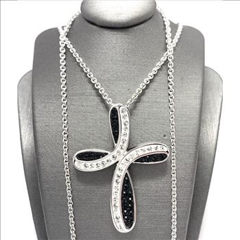 18k White Gold & Jewelry Bronze 1.00ctw Black & White Crystal Cross Necklace