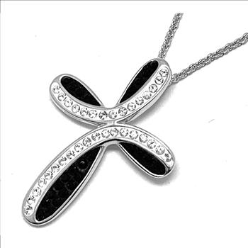 18k White Gold & Jewelry Bronze 1.00ctw Black & White Crystal Cross Necklace