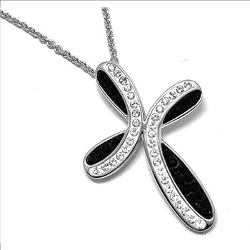 18k White Gold & Jewelry Bronze 1.00ctw Black & White Crystal Cross Necklace