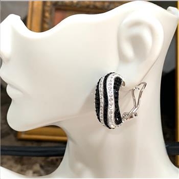 18k White Gold & Jewelry Bronze 3.00ctw Black & White Crystal Hoop Earrings