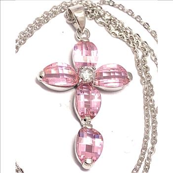 18K White Gold Overlay 19.00ctw Pink Topaz Cross Necklace