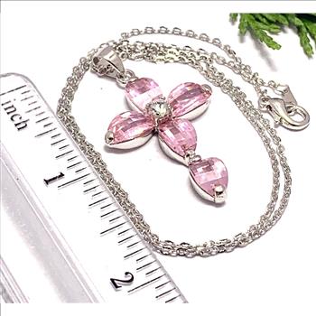 18K White Gold Overlay 19.00ctw Pink Topaz Cross Necklace