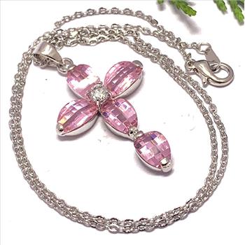 18K White Gold Overlay 19.00ctw Pink Topaz Cross Necklace