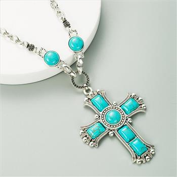 18K White Gold Overlay Large Turquoise Cross Necklace