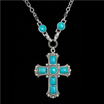 18K White Gold Overlay Large Turquoise Cross Necklace