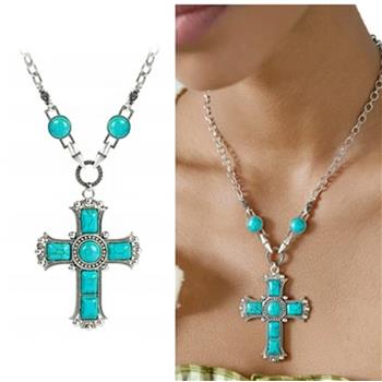 18K White Gold Overlay Large Turquoise Cross Necklace