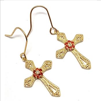 18k Yellow Gold & Fine Jewelry Bronze  0.25ctw Garnet & White Crystal Cross Earrings