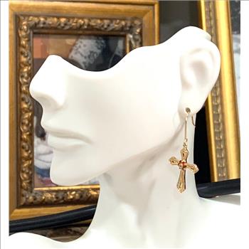 18k Yellow Gold & Fine Jewelry Bronze  0.25ctw Garnet & White Crystal Cross Earrings