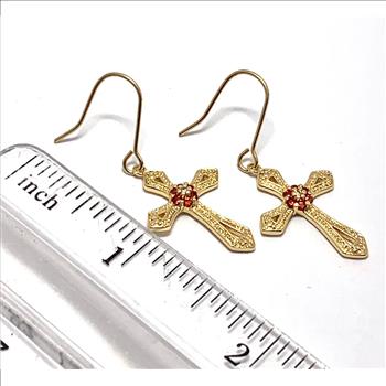 18k Yellow Gold & Fine Jewelry Bronze  0.25ctw Garnet & White Crystal Cross Earrings
