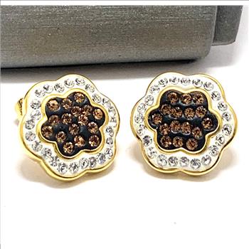 18k Yellow Gold & Fine Jewelry Bronze  2.00ctw Cognac  & White Crystal Earrings