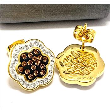 18k Yellow Gold & Fine Jewelry Bronze  2.00ctw Cognac  & White Crystal Earrings