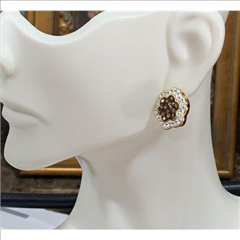 18k Yellow Gold & Fine Jewelry Bronze  2.00ctw Cognac  & White Crystal Earrings