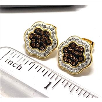 18k Yellow Gold & Fine Jewelry Bronze  2.00ctw Cognac  & White Crystal Earrings