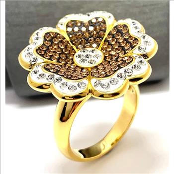 18k Yellow  Gold & Jewelry Bronze 2.00ctw Coqniac & White Crystal Ring