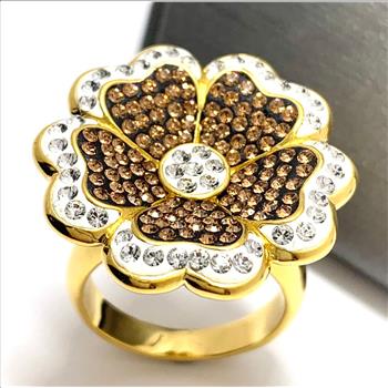 18k Yellow  Gold & Jewelry Bronze 2.00ctw Coqniac & White Crystal Ring
