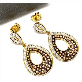 18k Yellow Gold & Jewelry Bronze 3.00ctw Cognac & White Natural Crystal   Earrings