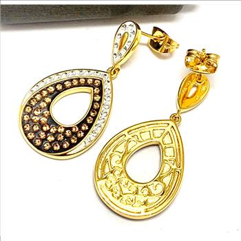 18k Yellow Gold & Jewelry Bronze 3.00ctw Cognac & White Natural Crystal   Earrings