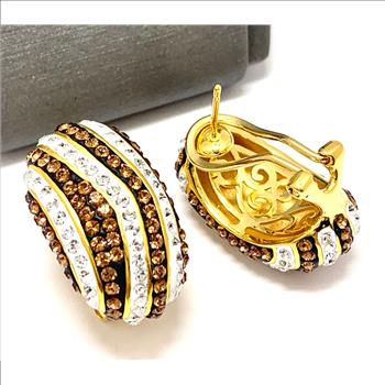 18k Yellow Gold & Jewelry Bronze 3.00ctw Cognac & White Natural Crystal  Hoop Earrings