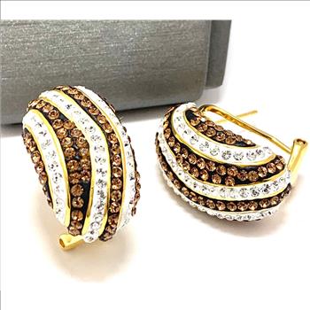 18k Yellow Gold & Jewelry Bronze 3.00ctw Cognac & White Natural Crystal  Hoop Earrings